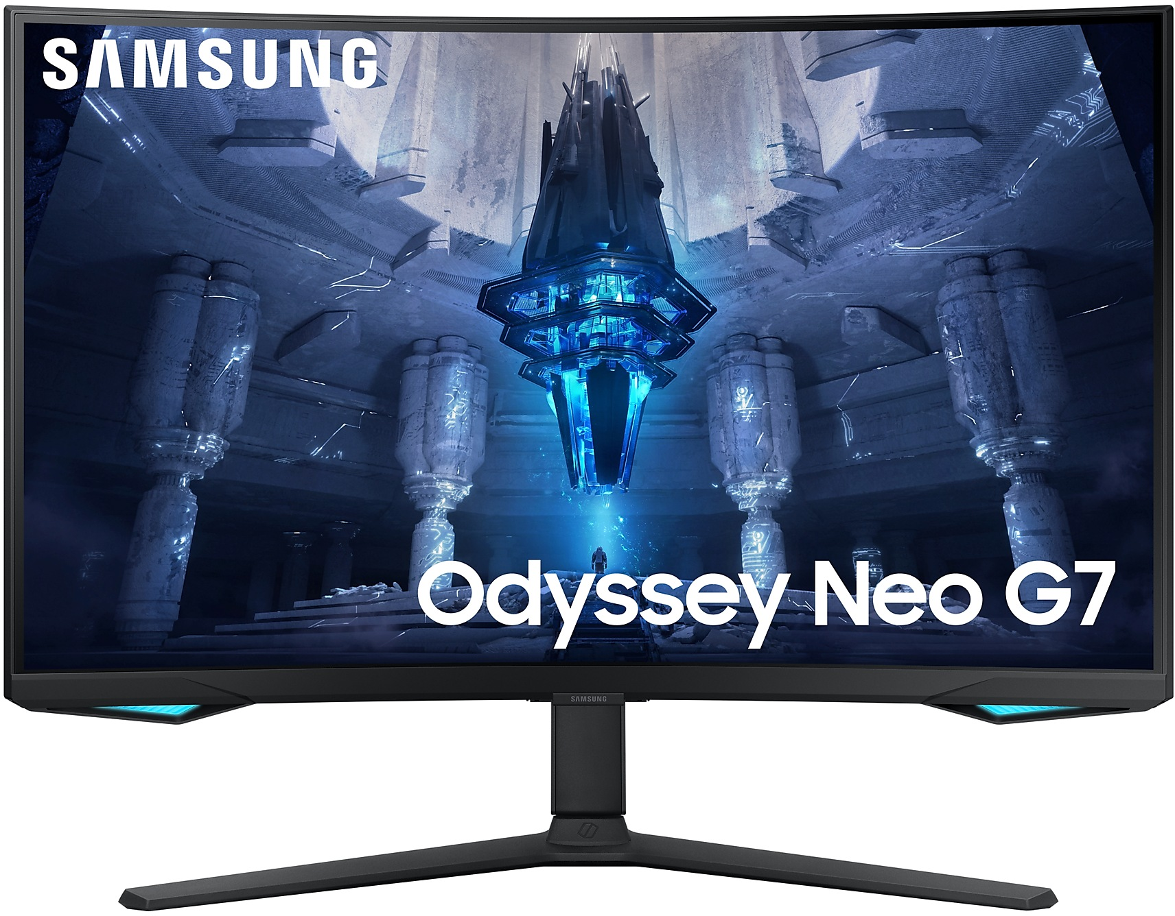 Samsung Odyssey Neo G7 Monitor. Das Display zeigt eine futuristische Szene mit einer großen Struktur und einer Person. Schwarzer Rahmen und Ständer.