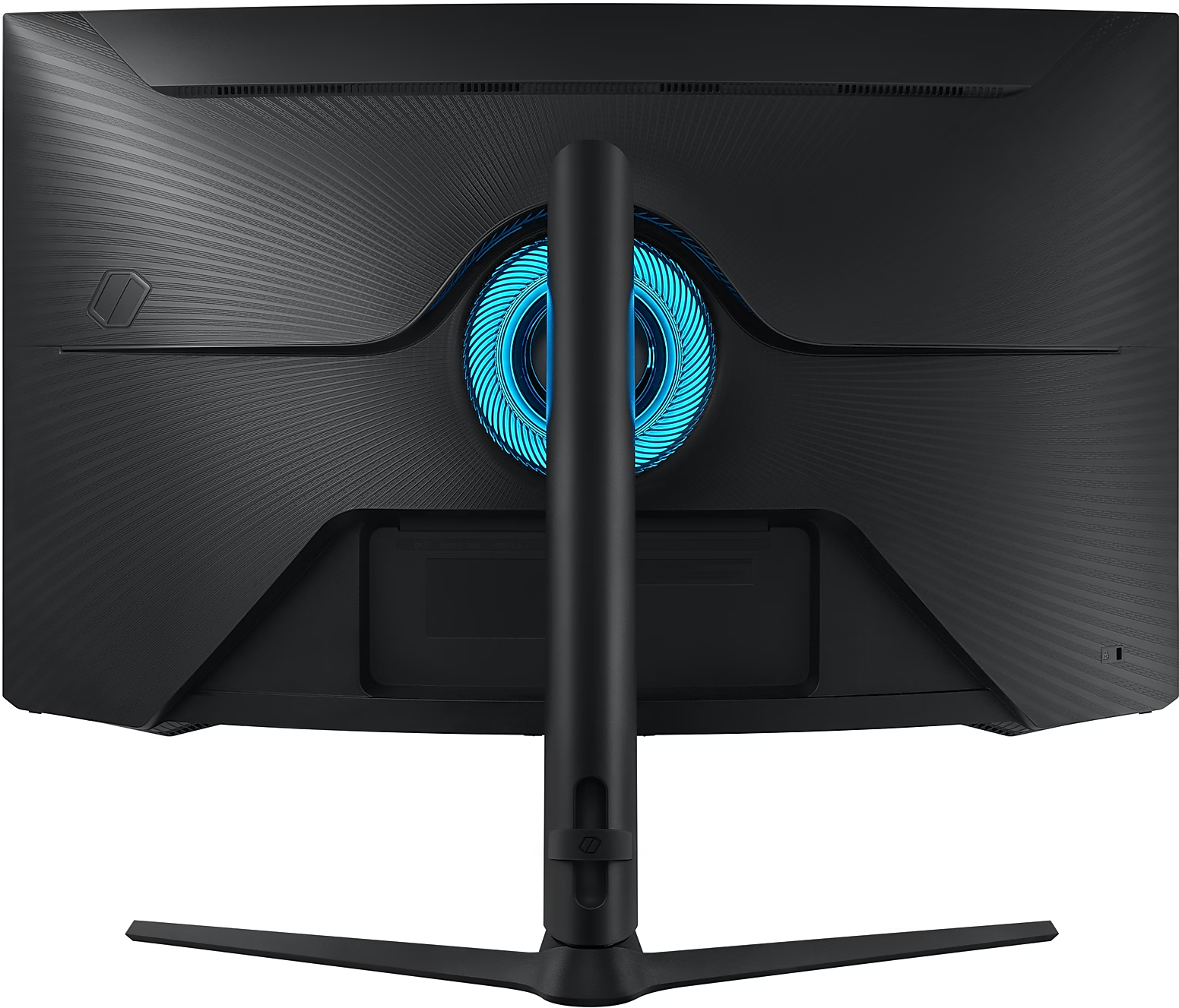 Rückansicht eines schwarzen Samsung Monitors. Mit zentralem Ständer und blau leuchtendem Ring. Die Oberfläche hat strukturierte Muster.