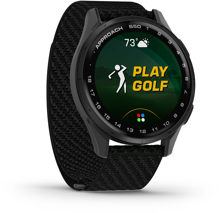 Fekete okosóra golfpálya kijelzővel. 'Play Golf' és a hőmérséklet látható.