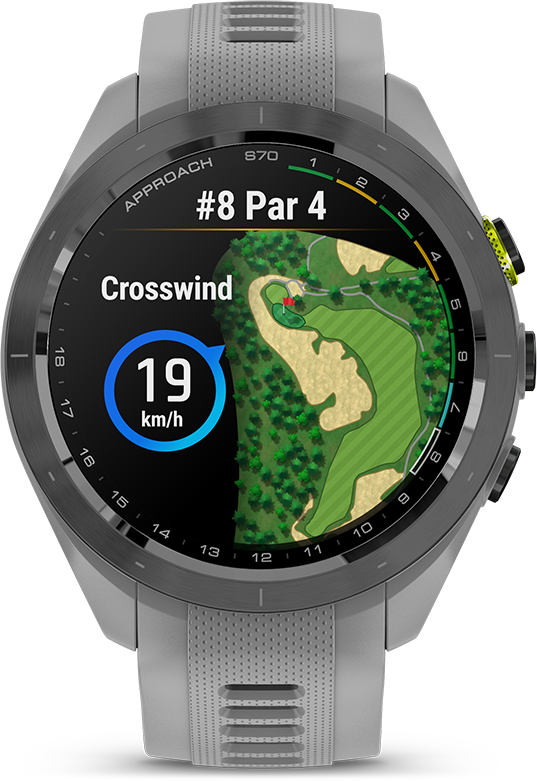 A golfóra a pályatérképet mutatja, a #8 Par 4-et, az oldalszelet és a szélsebességet, 19 km/h. Az óra szürke-fekete, zöld-sárga díszítéssel.