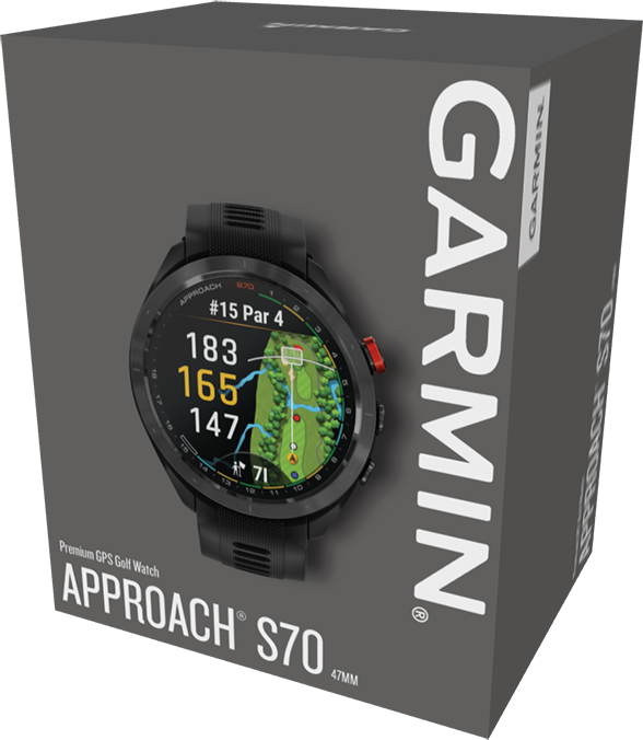 Egy fekete Garmin Approach S70 golfóra távolságokat jelenít meg a pályatérképen. A mellette lévő dobozon a Garmin logója látható.