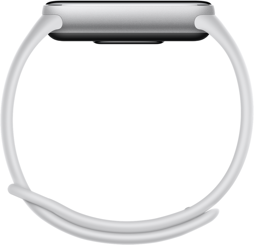 Egy ezüst Apple Watch fehér szíjjal. A szíj a karóra testén körbefut, és be van zárva. A háttér fehér.