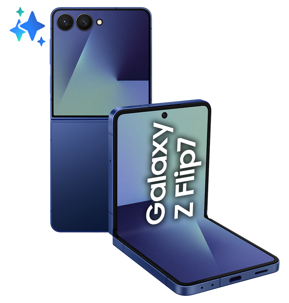 Niebieski telefon Galaxy Z Flip7, częściowo otwarty, z nazwą telefonu na ekranie. Gwiazdy w lewym górnym rogu.