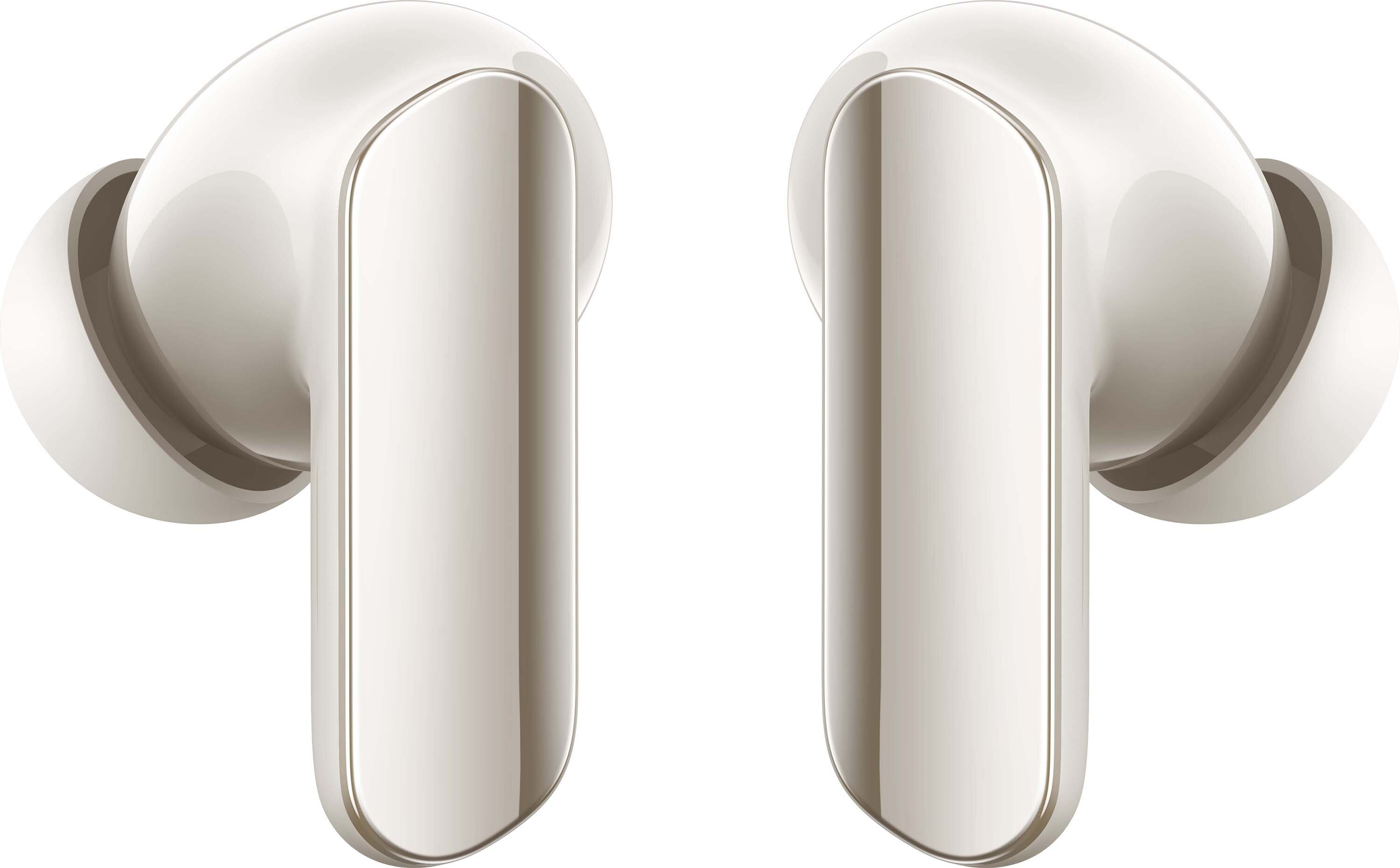 Dwa białe bezprzewodowe słuchawki na białym tle, prezentujące elegancki i nowoczesny design.