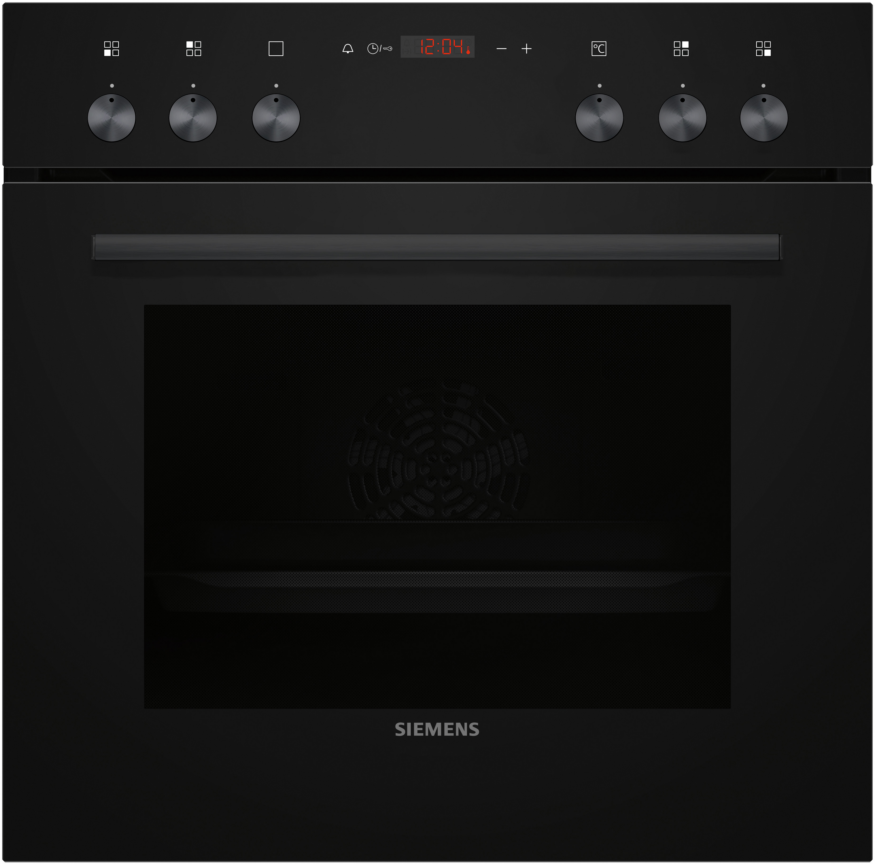 Schwarzer Backofen mit Bedienelementen oben. Digitaluhr zeigt 12:04 an. Siemens-Logo sichtbar.
