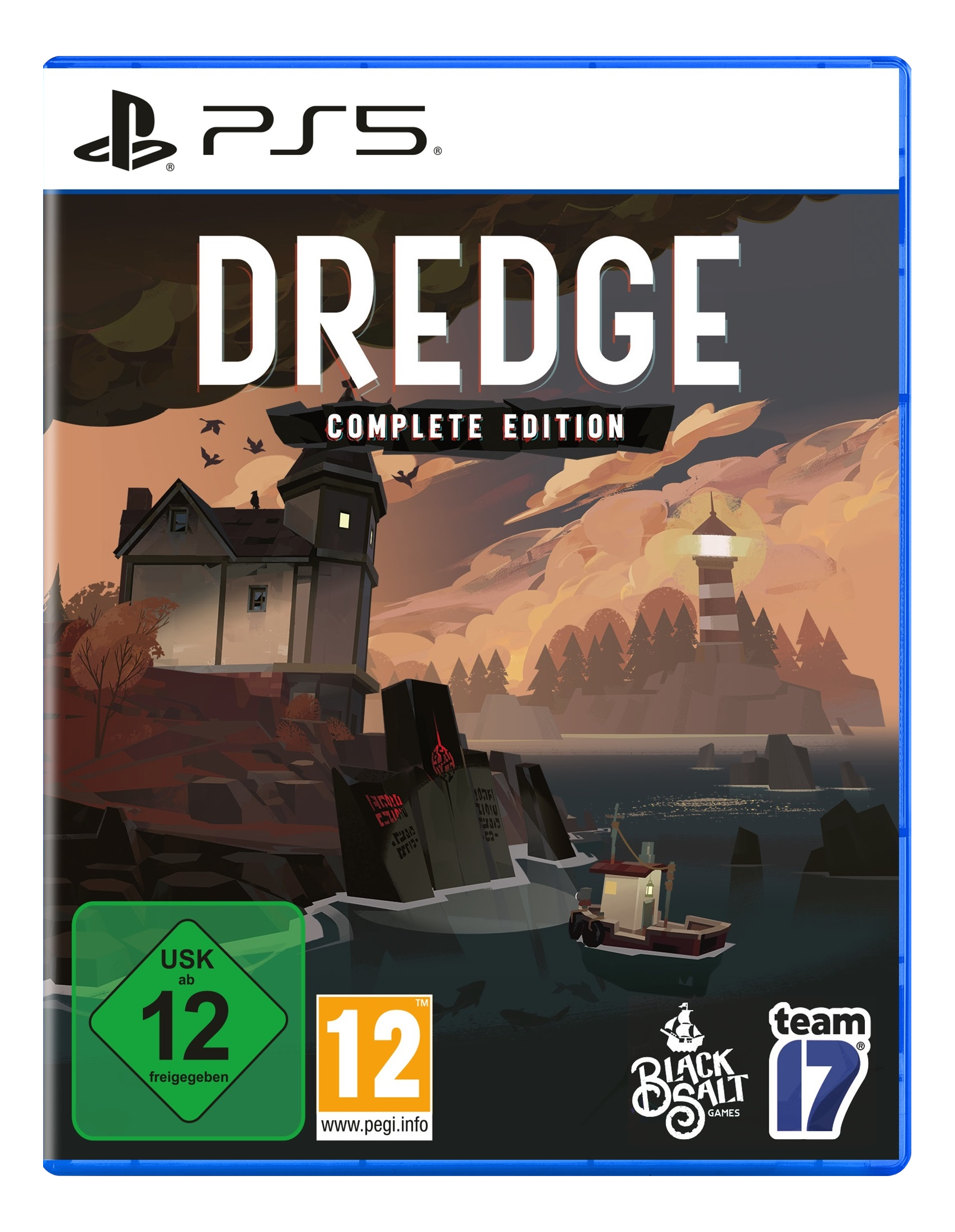 Jaquette de DREDGE: Complete Edition. Scène côtière avec bateau, phare et maison sombre sur une falaise.