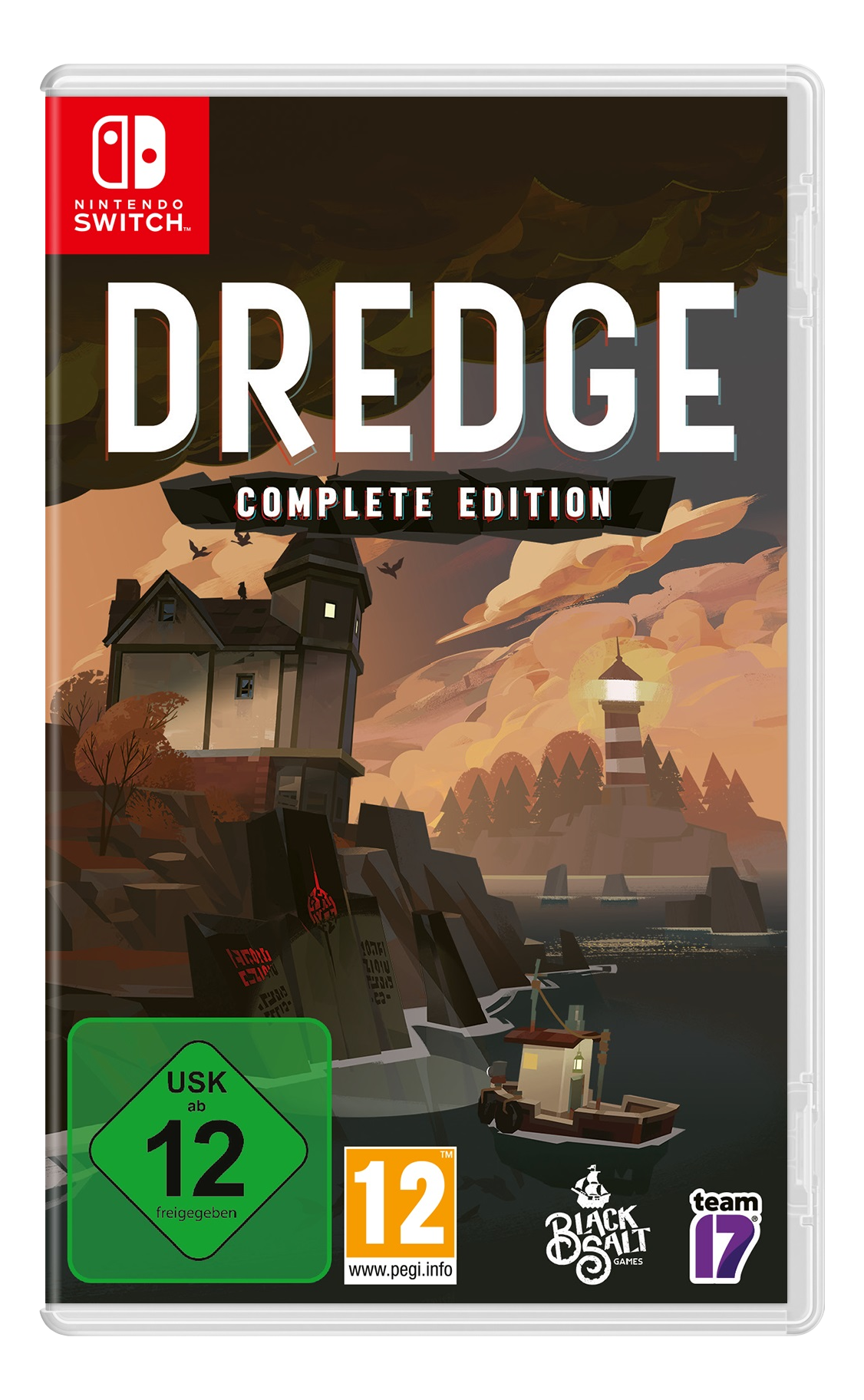 Visuel de la boîte du jeu DREDGE: Complete Edition. Comprend une maison, un phare, un bateau et le titre du jeu.