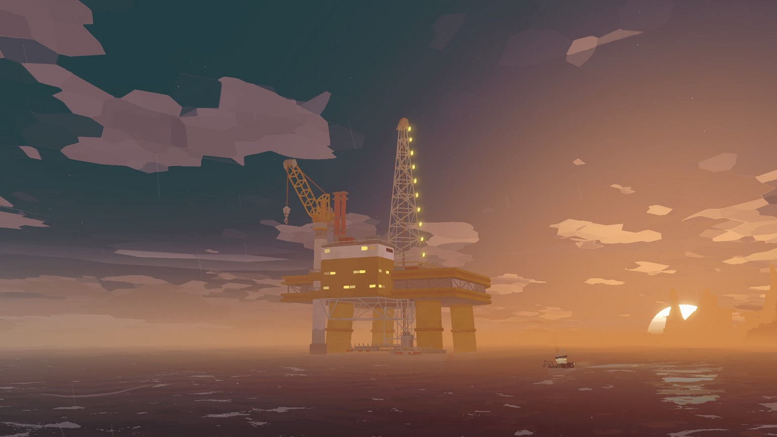 Une plate-forme pétrolière en mer au coucher du soleil. Un petit bateau est dans l'eau. Le ciel est rempli de nuages.