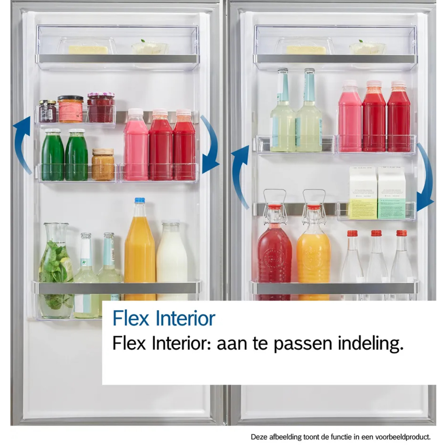Refrigerator interior with various beverages and food items. The image shows adjustable shelves, with colorful bottles and jars.