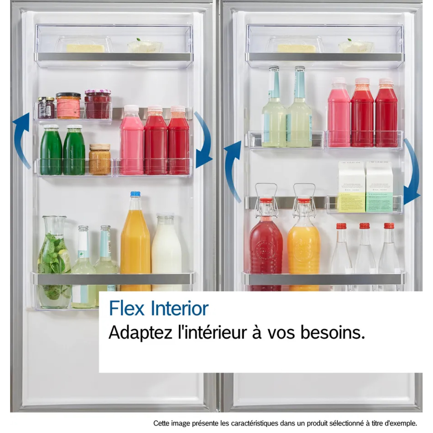 Intérieur du réfrigérateur avec diverses boissons et aliments. Texte : Flex Interior. Adaptez l'intérieur à vos besoins.