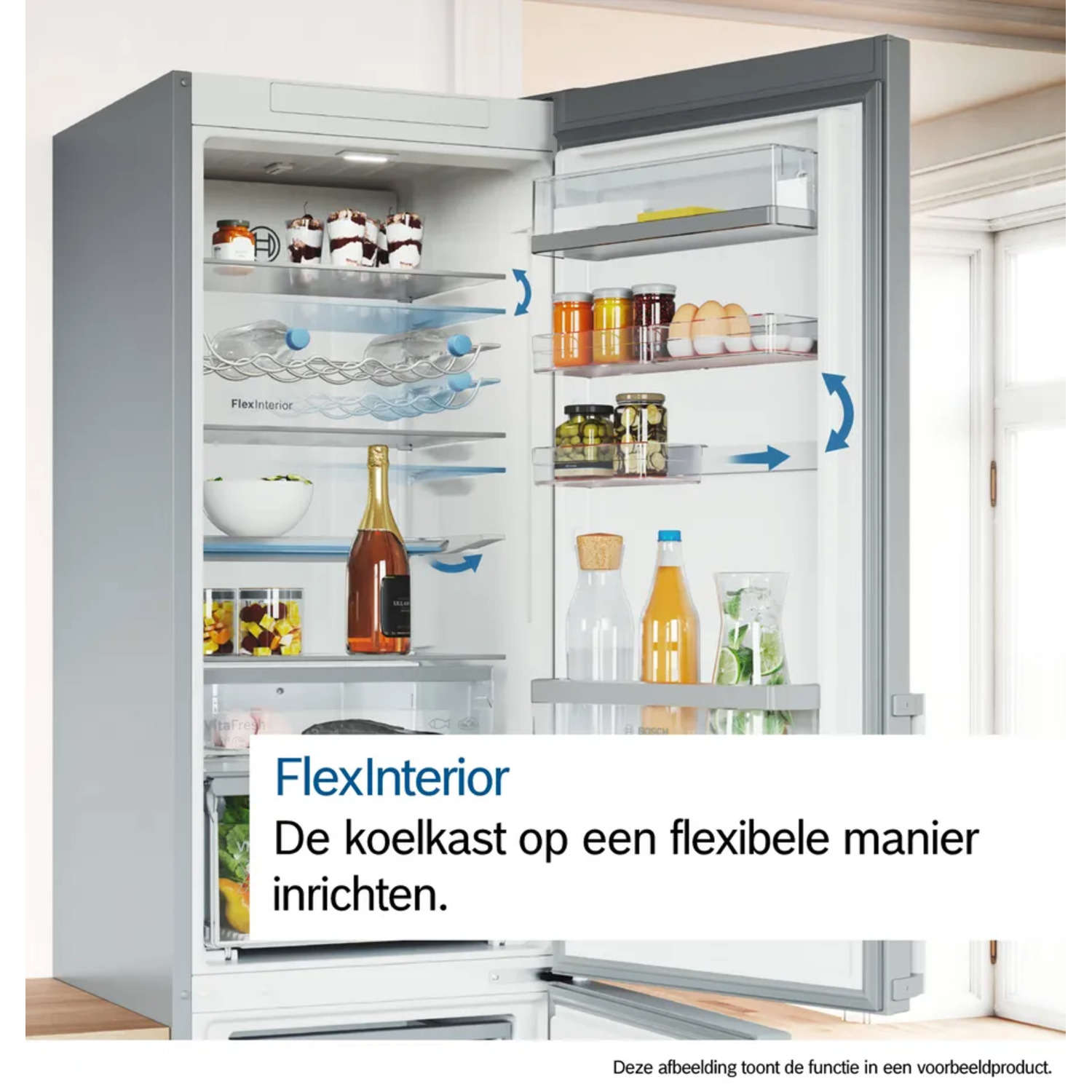 Open refrigerator shows shelves with food items like jars, bottles, and desserts. Text: FlexInterior, flexible organization.