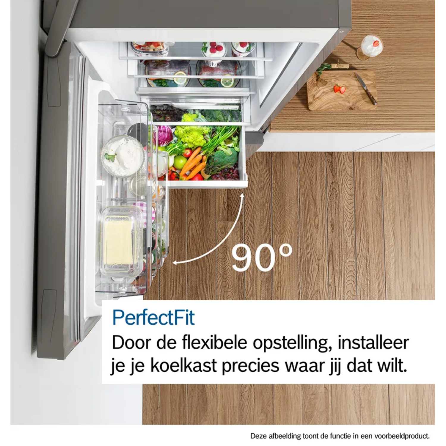 Open refrigerator with vegetables, fruits, and dairy products visible. Wooden cutting board with strawberries. Angle shows 90 degrees.