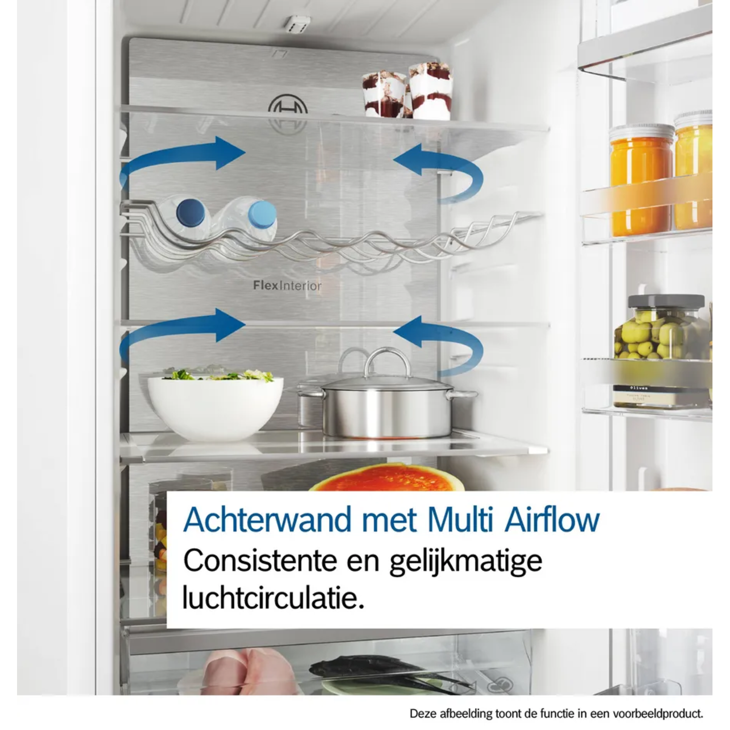 Refrigerator interior with shelves. Contains food items like jars, bowls, and pots. Airflow arrows indicate circulation within.