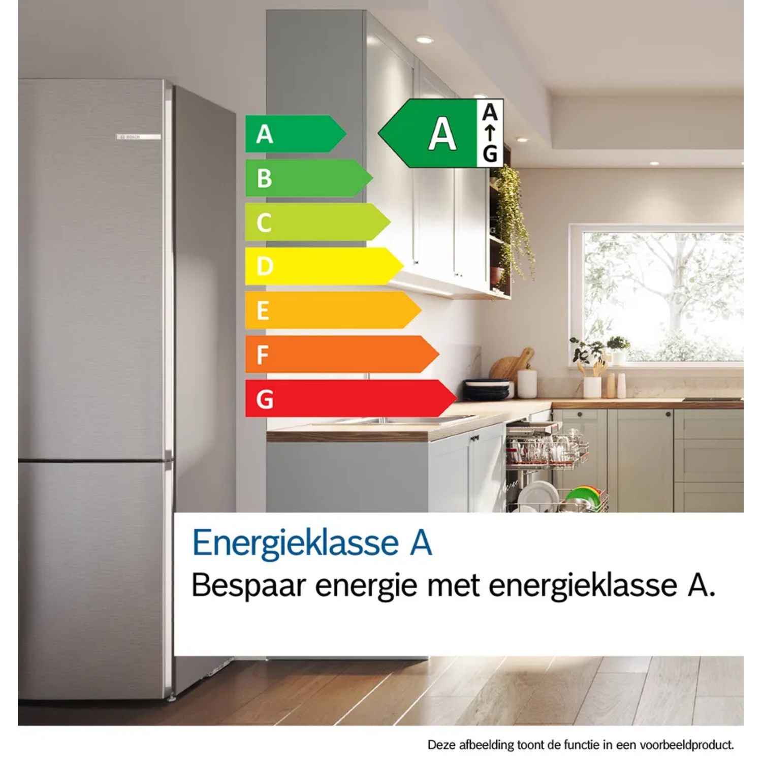 A refrigerator with an energy label A is shown in a modern kitchen. The label shows energy efficiency. Text reads 'Energy class A'.