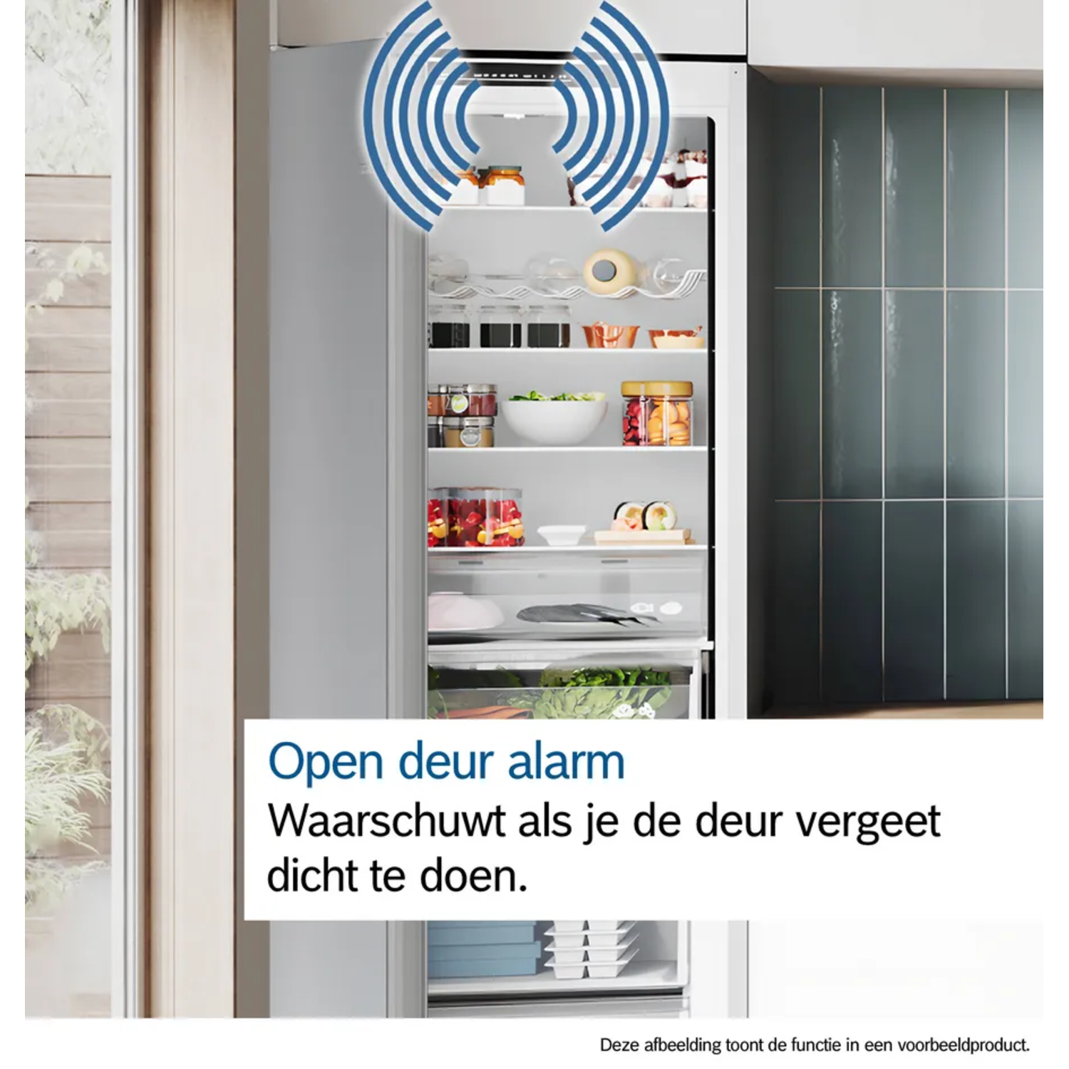 An open refrigerator with food inside. Blue signal waves above. Text: Open door alarm. Warns if you forget to close the door.