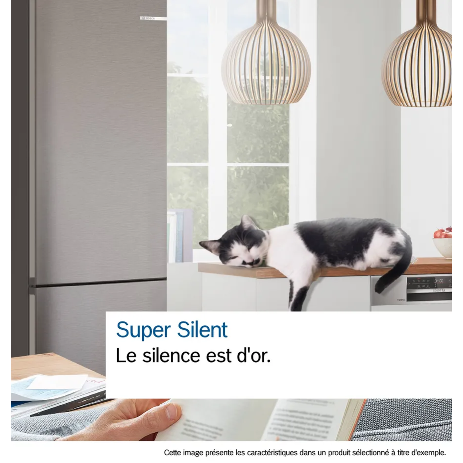 Un chat noir et blanc se repose sur un comptoir. Un réfrigérateur, des suspensions et une personne lisant un livre sont également visibles.