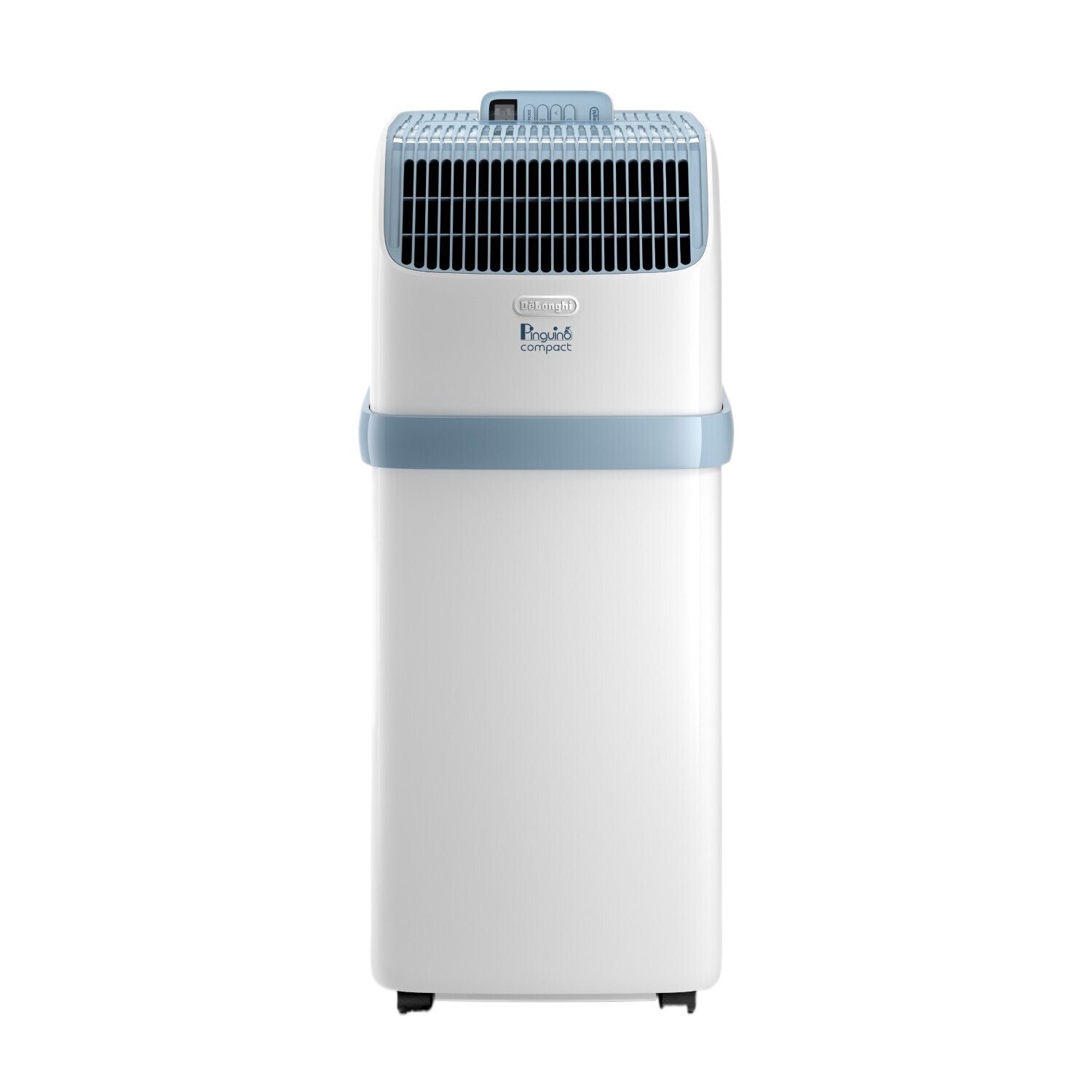 Een wit en blauw De'Longhi Pinguino compacte airconditioner. Het heeft een digitaal display bovenaan en een blauwe handgreep.