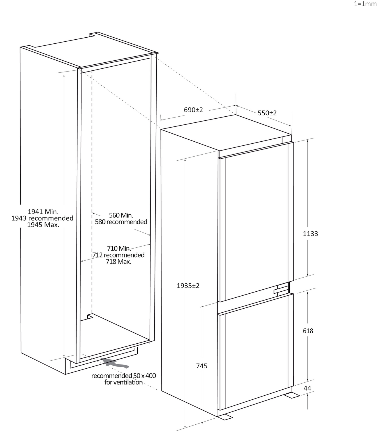 Diagrama de un refrigerador con dimensiones en milímetros. Muestra un gabinete y un refrigerador con medidas para la instalación.