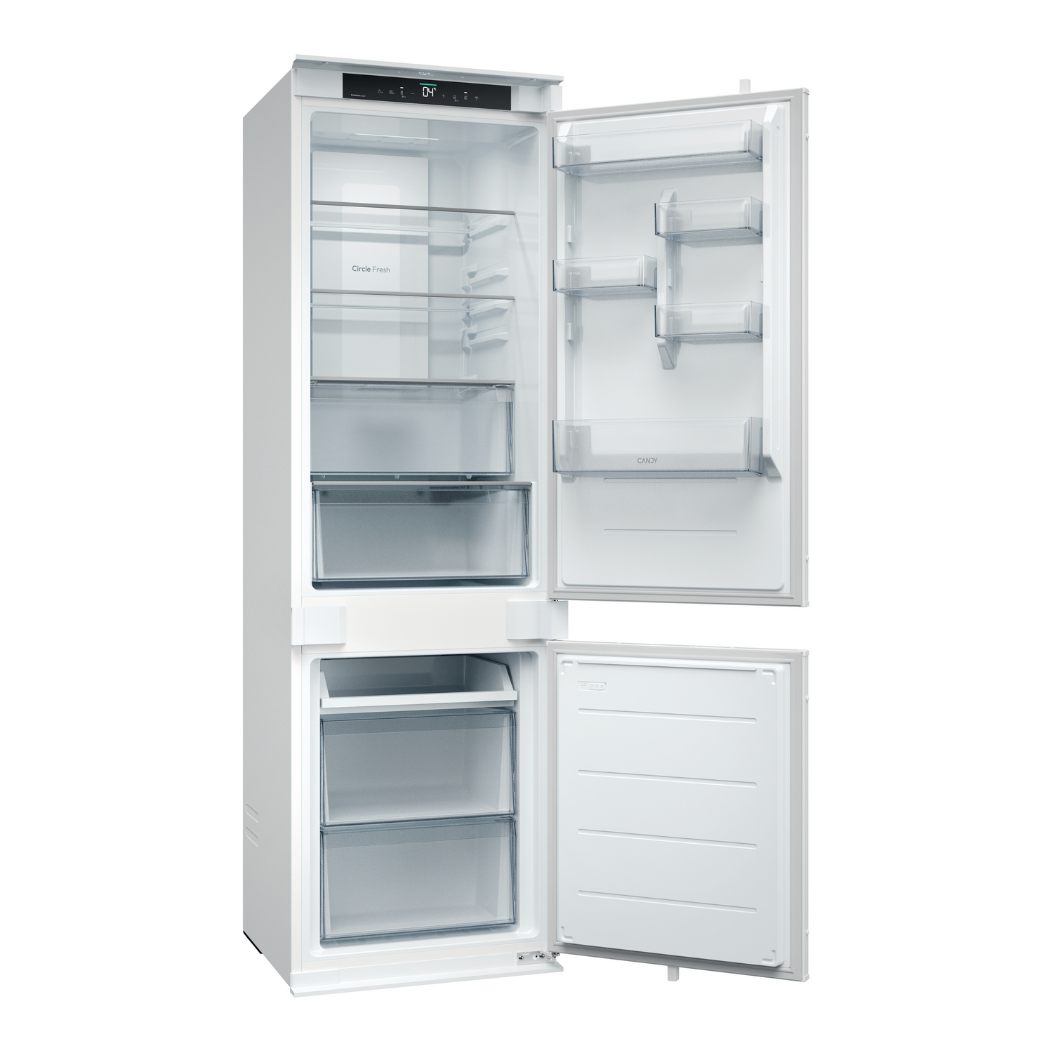 Un refrigerador blanco con las puertas abiertas. El interior muestra estantes y cajones. La puerta del congelador también está abierta.