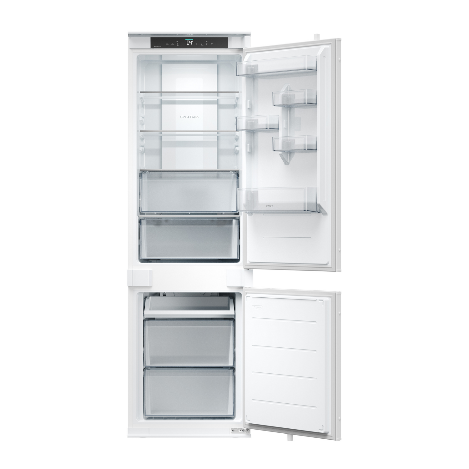 Refrigerador blanco con puertas abiertas, revelando estantes y cajones. El compartimento superior tiene 'Circle Fresh'. La sección inferior es el congelador.