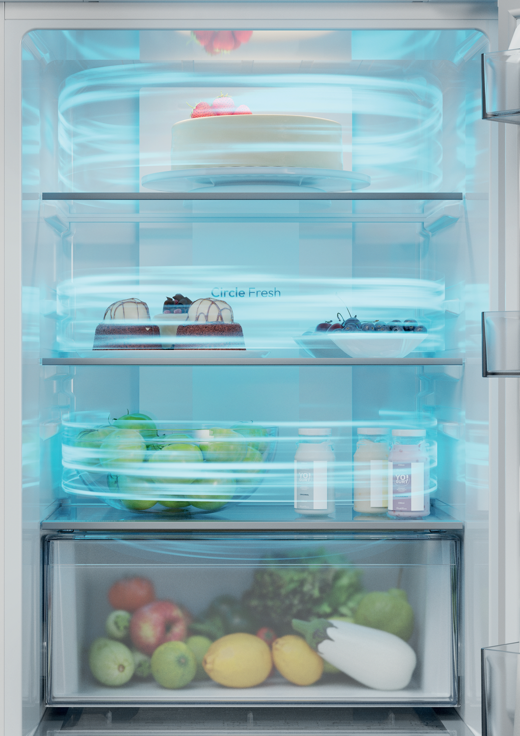 Dentro de un refrigerador con pasteles, frutas y verduras en los estantes. Efecto de flujo de aire visible. Dice 'Circle Fresh'.