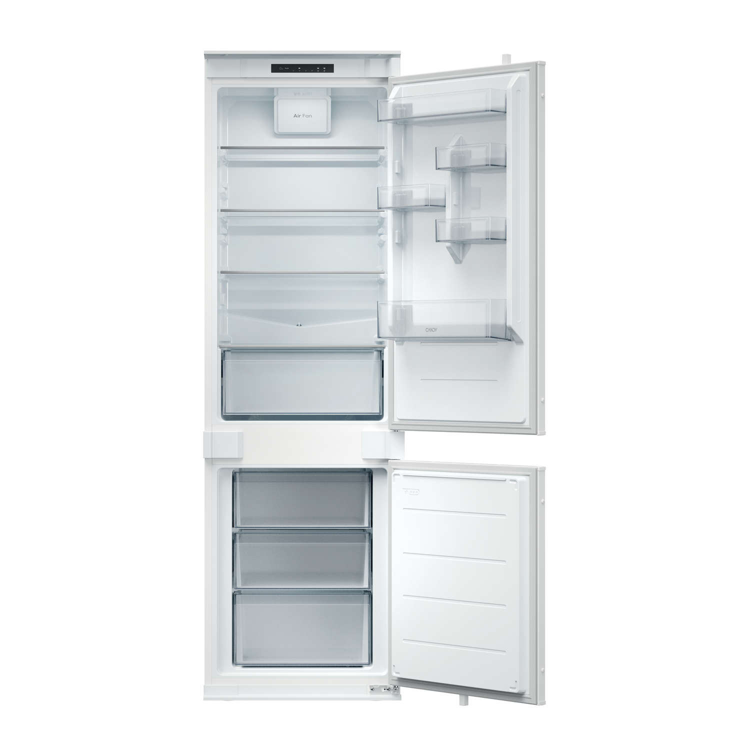 Un refrigerador blanco con puertas abiertas. Dentro, hay estantes, cajones y un ventilador. La puerta del congelador también está abierta.