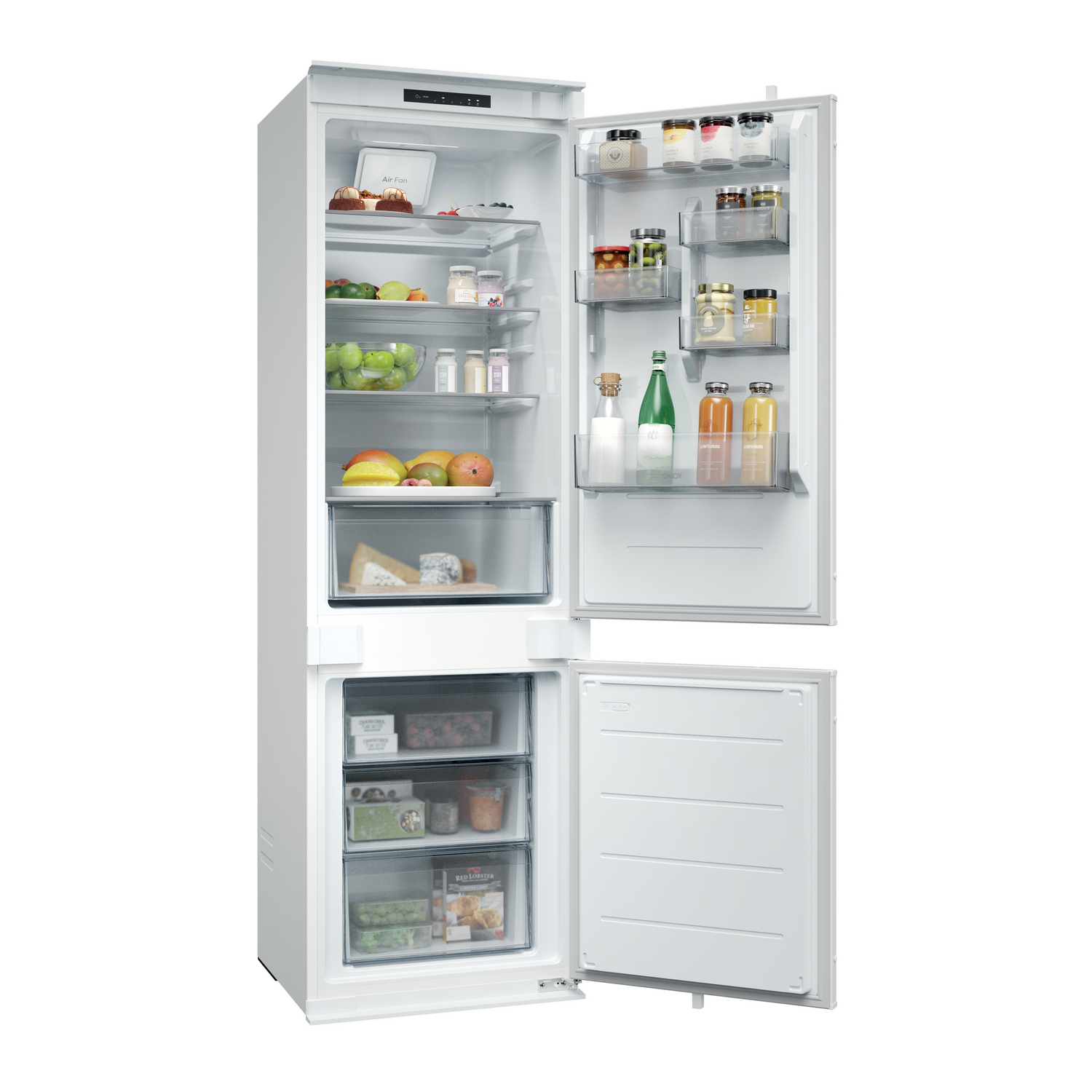 Un refrigerador blanco con las puertas abiertas, mostrando estantes con alimentos como frutas, frascos de conservas y productos congelados en cajones.