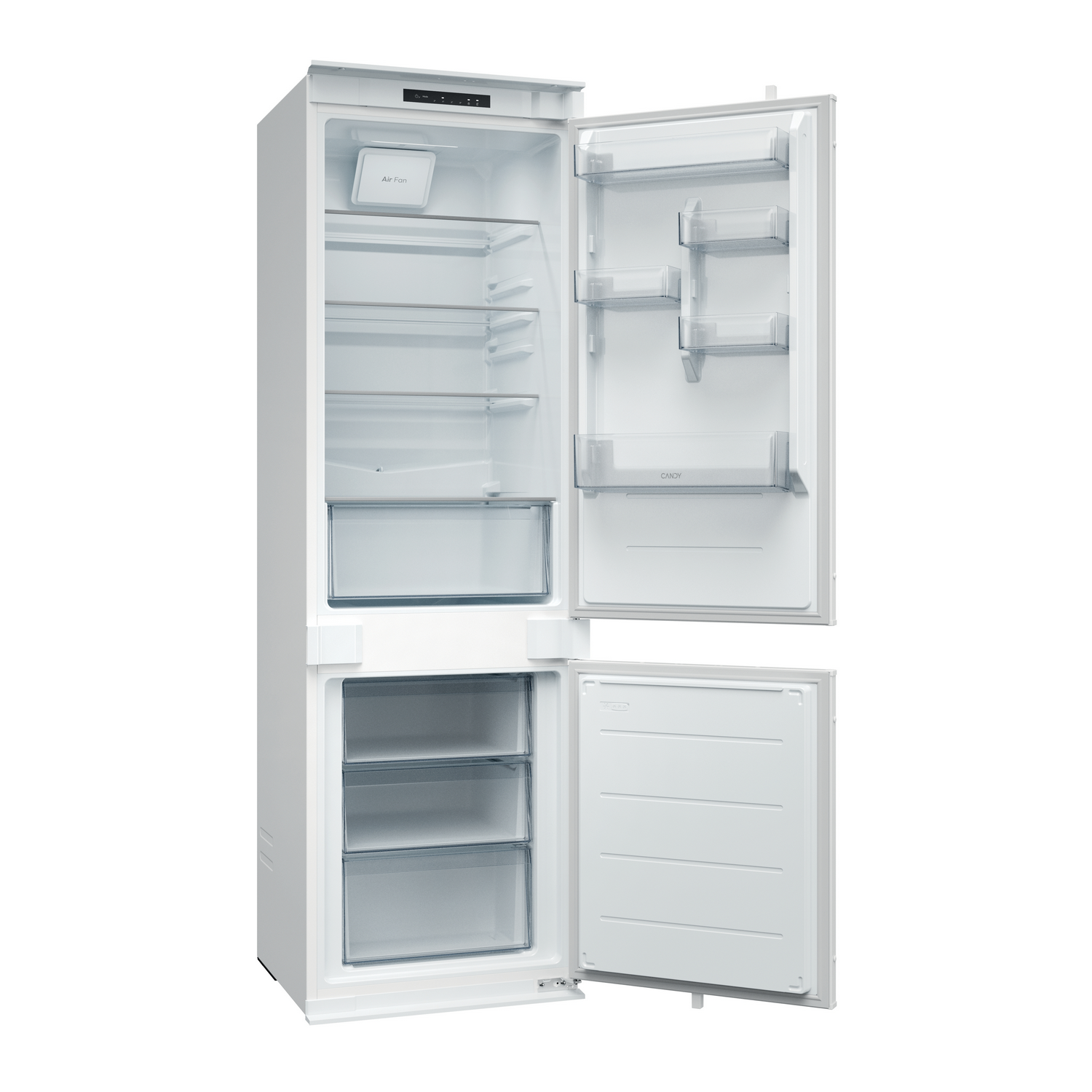 Un refrigerador blanco con ambas puertas abiertas. La sección del refrigerador tiene estantes y un ventilador. La sección del congelador tiene cajones.