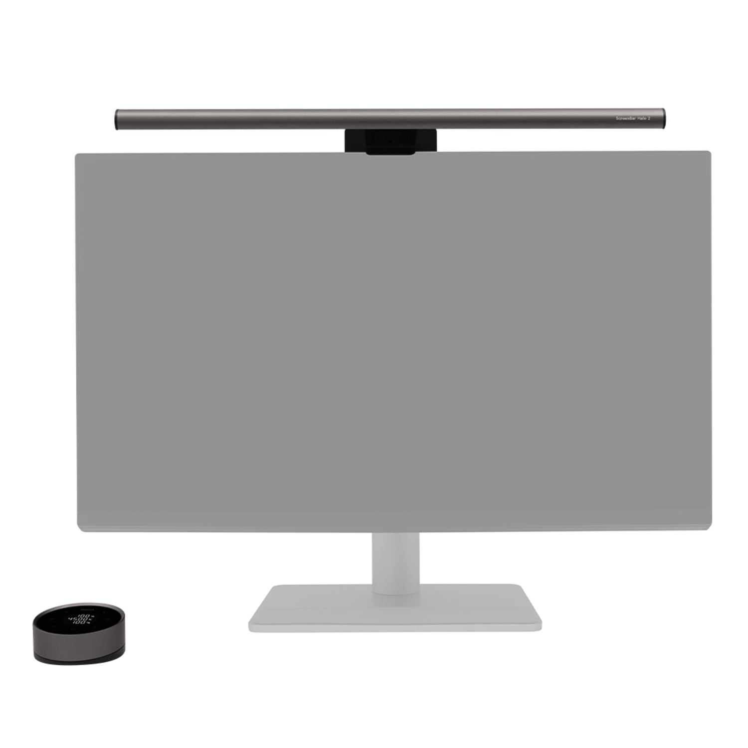 Een monitor met een lichtbalk erboven en een bedieningsknop eronder. Het scherm is zwart. Alle items zijn grijs tegen een zwarte achtergrond.