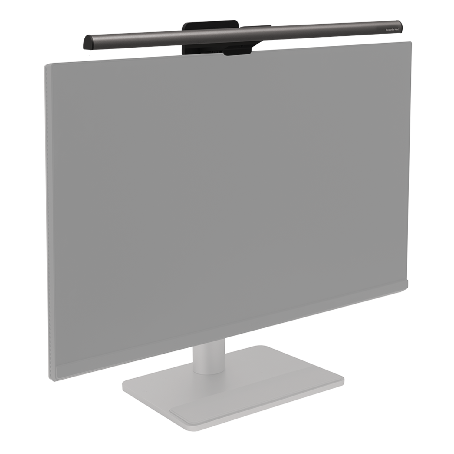 Een computermonitor met een donker scherm. Een grijze lichtbalk zit erboven. De voet en standaard zijn ook grijs.