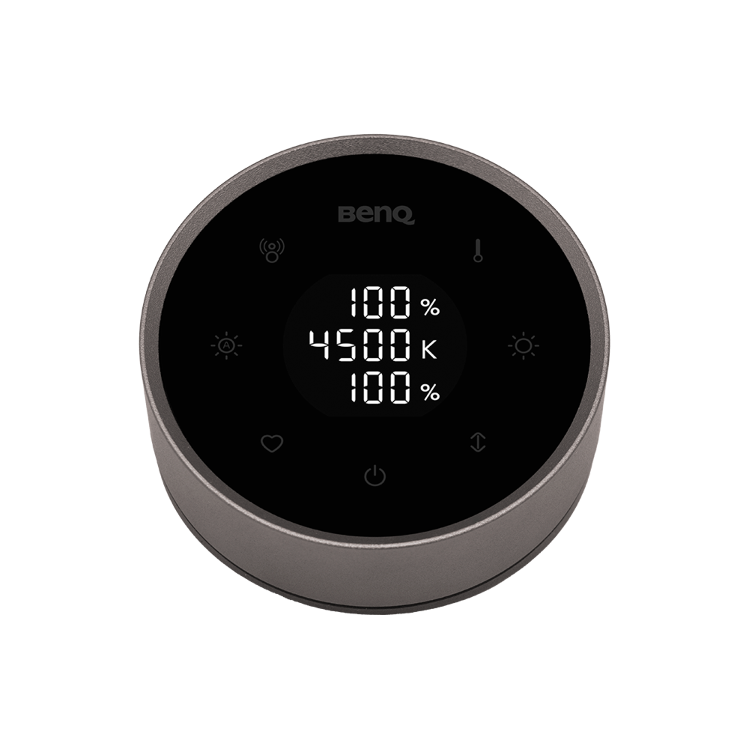 Een BenQ bedieningsapparaat met een digitaal display met 100%, 4500K en 100%. Het heeft verschillende iconen en een grijze behuizing.