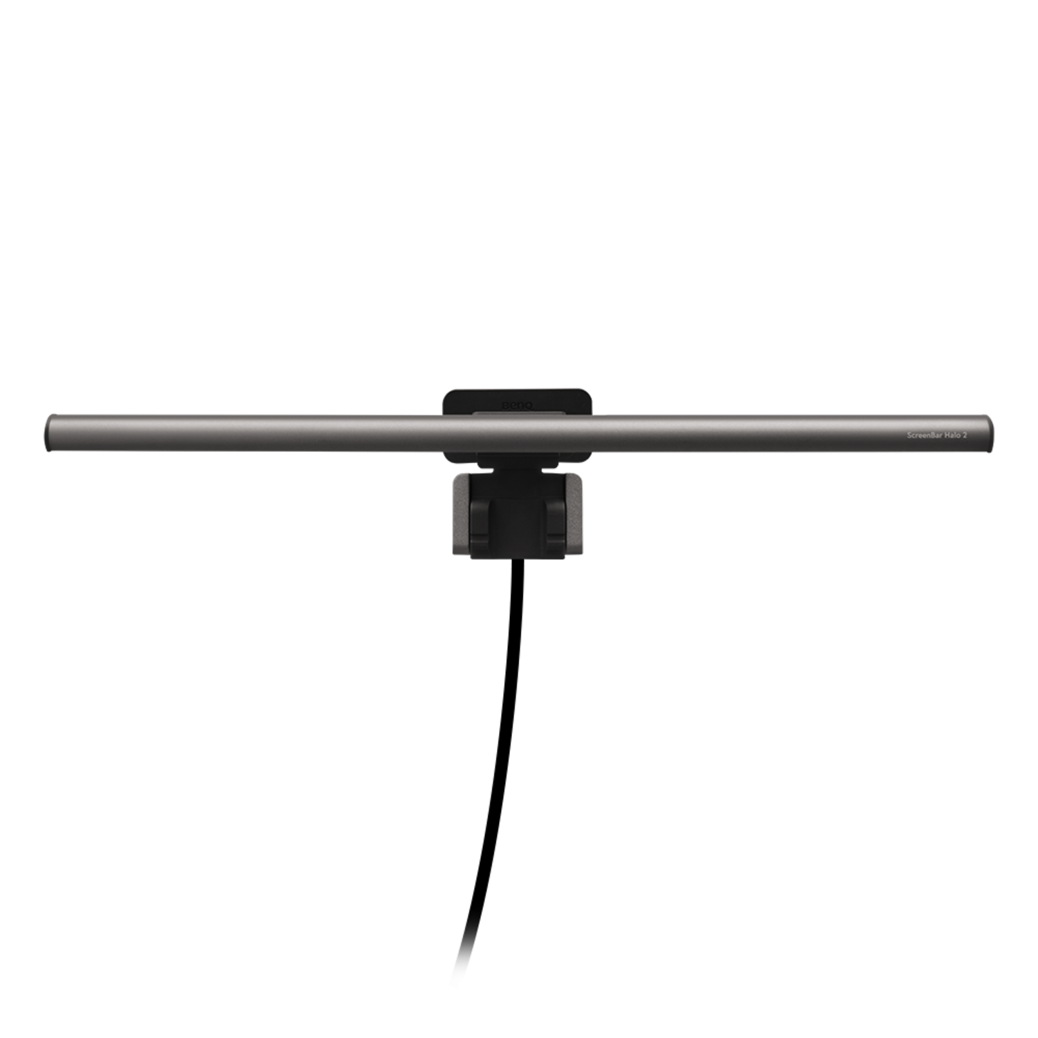 Een zilveren ScreenBar Halo 2 lichtbalk met een zwarte basis, gecentreerd tegen een zwarte achtergrond. De merknaam staat bovenaan.