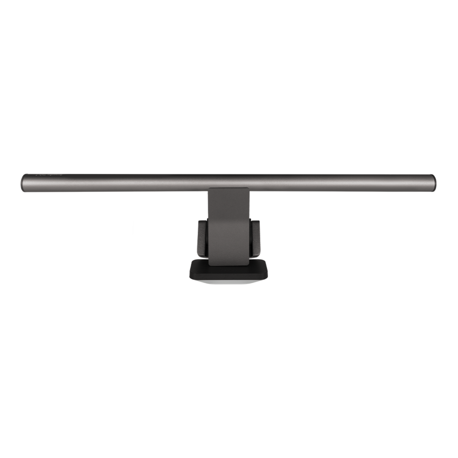 Een zilveren bureaulamp op een zwarte achtergrond. De lamp heeft een horizontale lichtbalk en een voet voor montage.