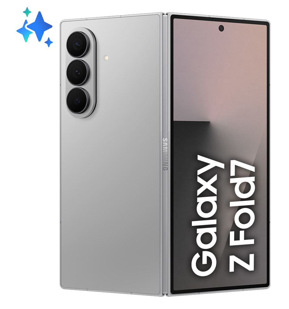 Srebrny Samsung Galaxy Z Fold7 jest pokazany otwarty. Telefon ma trzy tylne kamery. Ekran wyświetla nazwę telefonu.