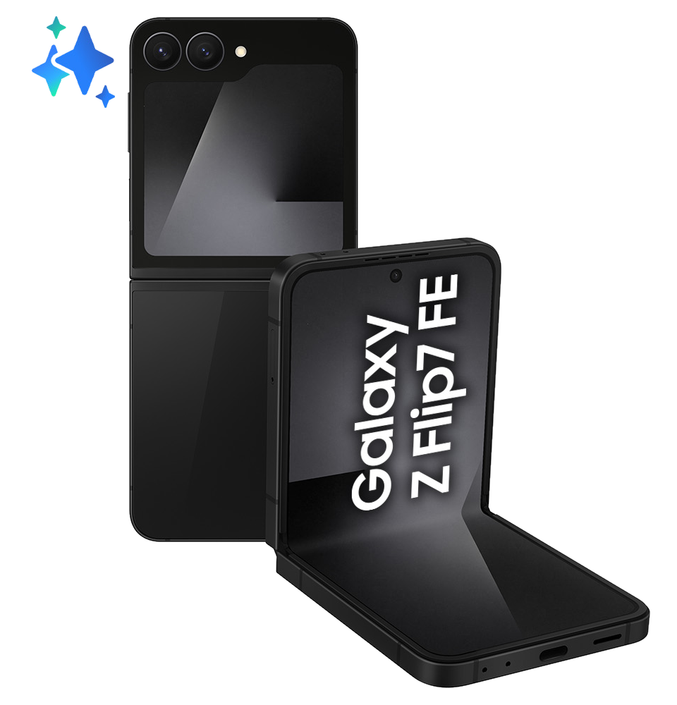 Czarny telefon Samsung Galaxy Z Flip7 FE, częściowo otwarty. Ekran wyświetla nazwę telefonu. Trzy niebieskie gwiazdki na górze po lewej.