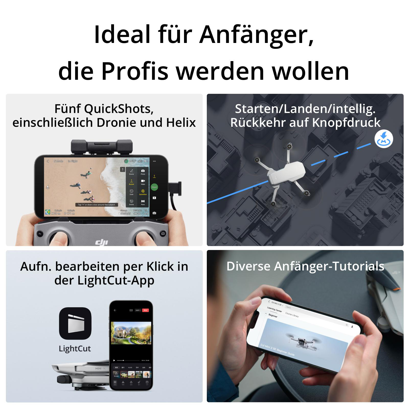 Bild zeigt eine Drohne mit Controller, ein Telefon mit Drohnen-App-Oberfläche und Text über Funktionen.