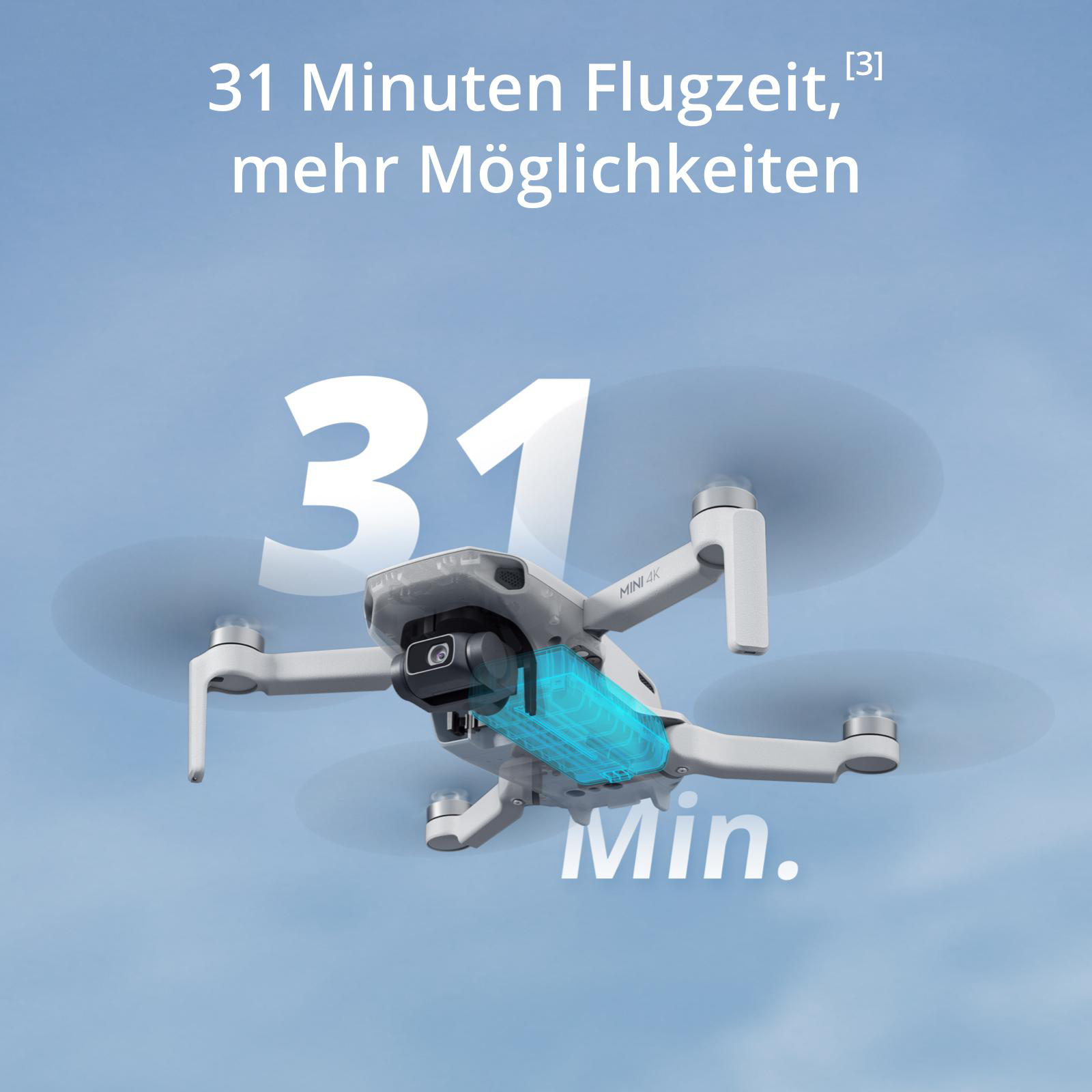 Eine Drohne mit sich drehenden Propellern in der Luft. Text: '31 Minuten Flugzeit' und 'Mini 4K'.
