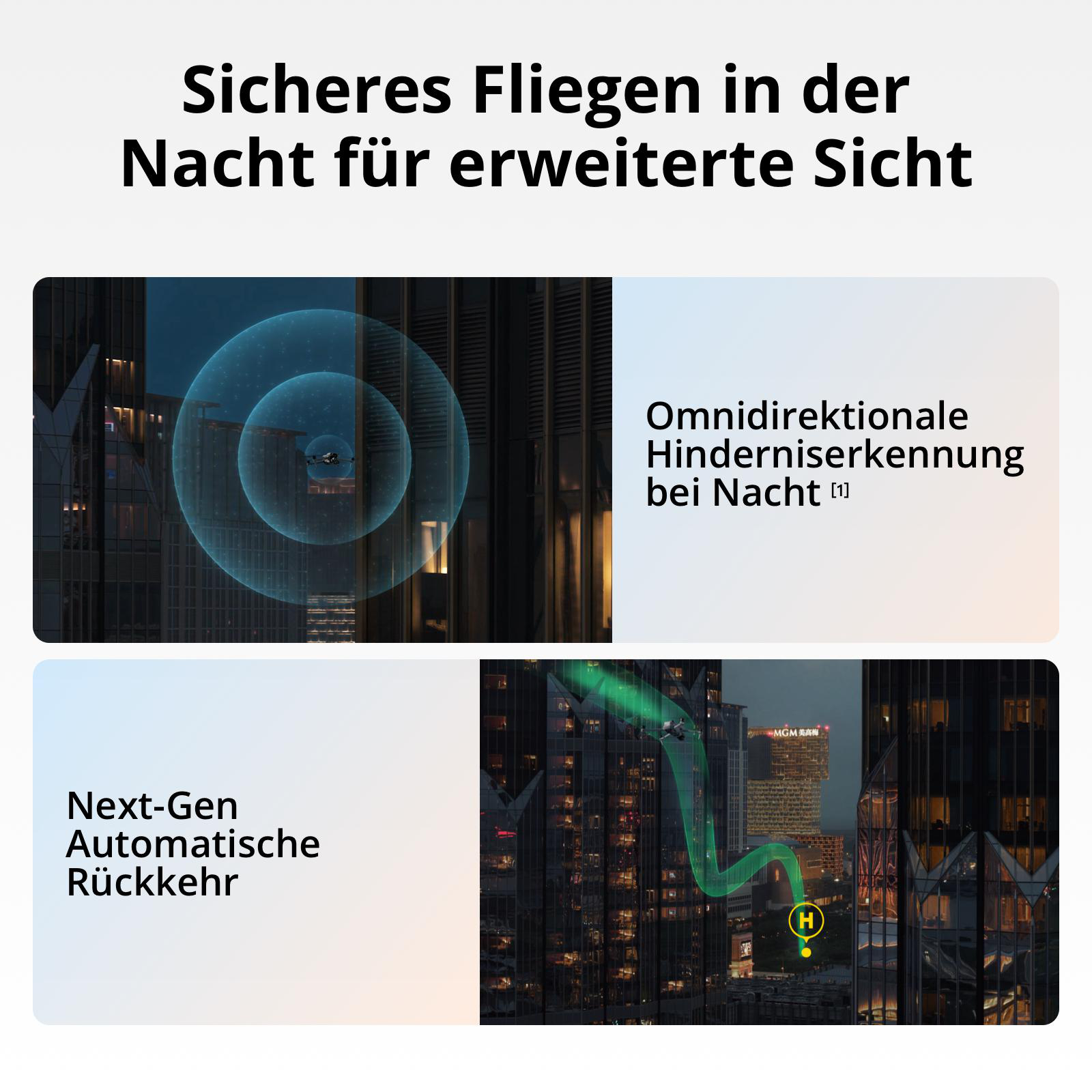 Das Bild zeigt eine Drohne, die nachts fliegt. Texte: Sicherer Nachtflug für erweiterte Sicht, Hinderniserkennung und automatische Rückkehr.