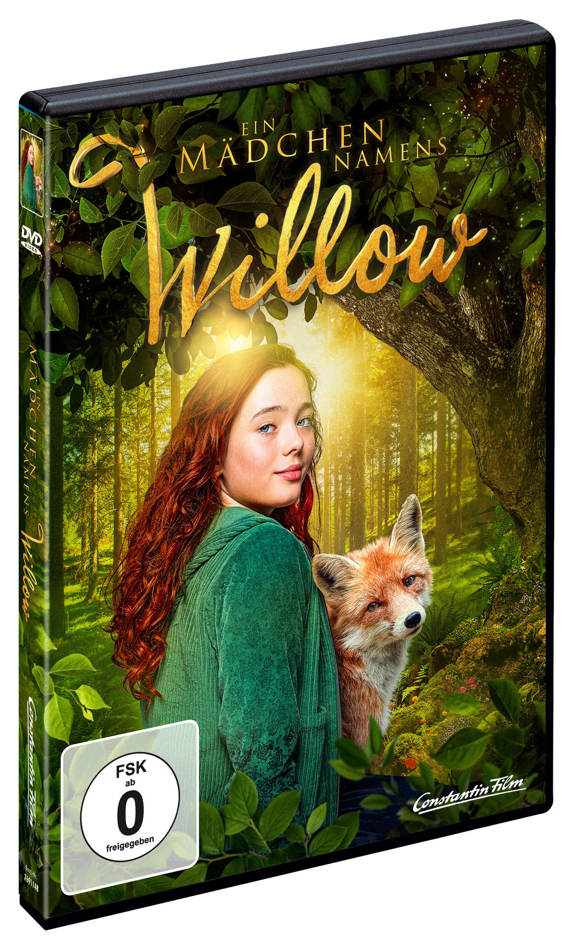 DVD-Cover für 'Ein Mädchen namens Willow'. Ein Mädchen mit roten Haaren und ein Fuchs in einer Waldszene. Titel in goldenen Buchstaben.
