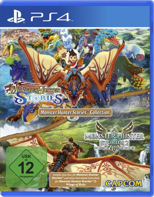 PS4-Spielhülle. Zeigt Charaktere auf Fantasiewesen. Titel: Monster Hunter Stories Collection und Monster Hunter Stories 2: Wings of Ruin.