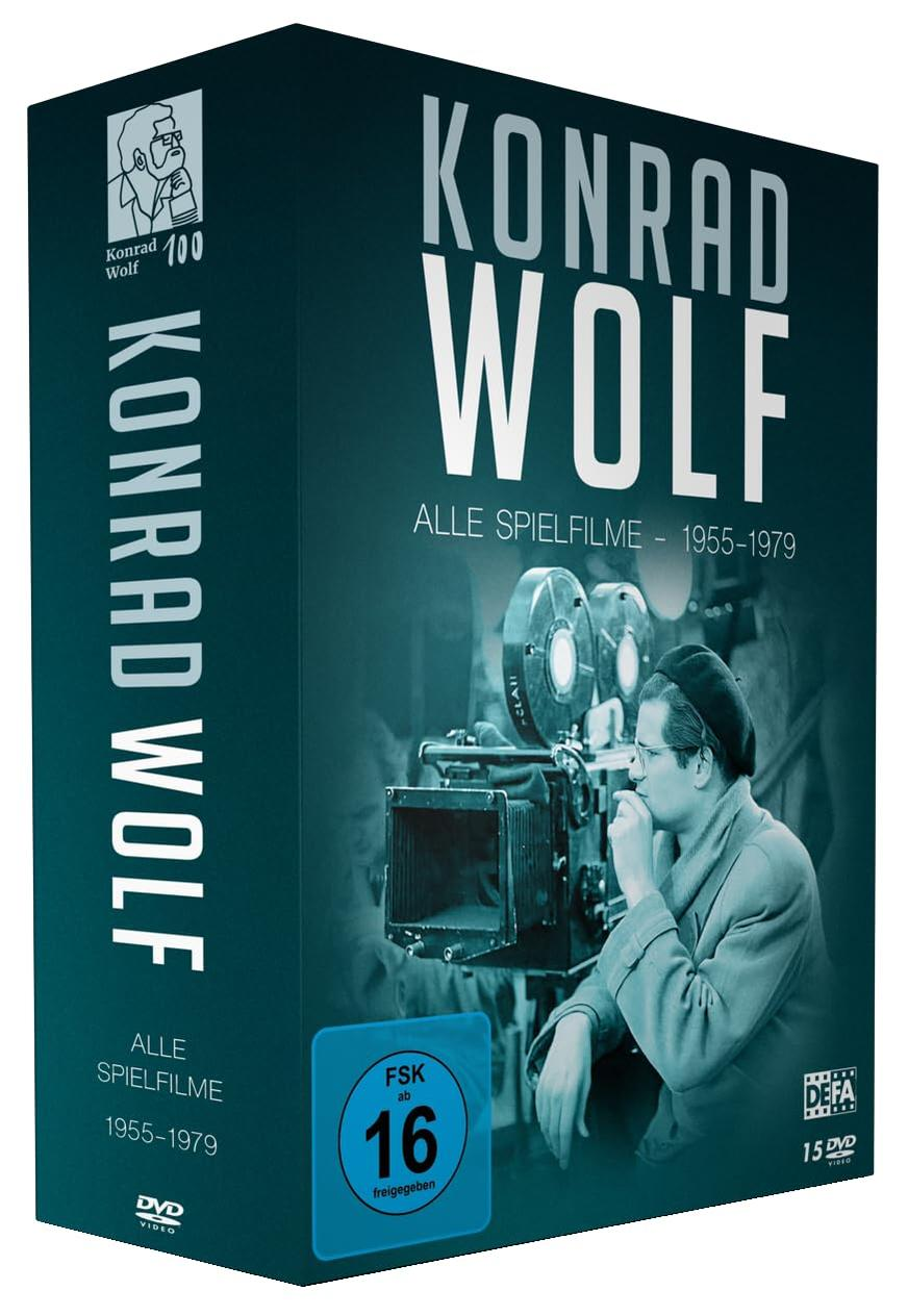 DVD-Cover: Konrad Wolf Filmsammlung. Ein Mann blickt auf eine Kamera. Blau-weißer Text. FSK 16-Rating.