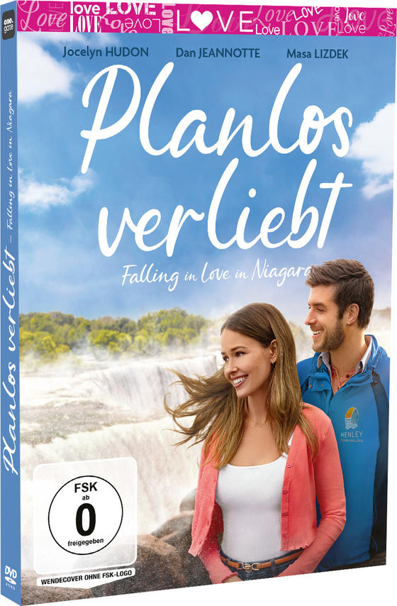 Filmcover mit Paar, Titel 'Planlos verliebt'. Frau in Pink, Mann in Blau. Wasserfall und blauer Himmel im Hintergrund.