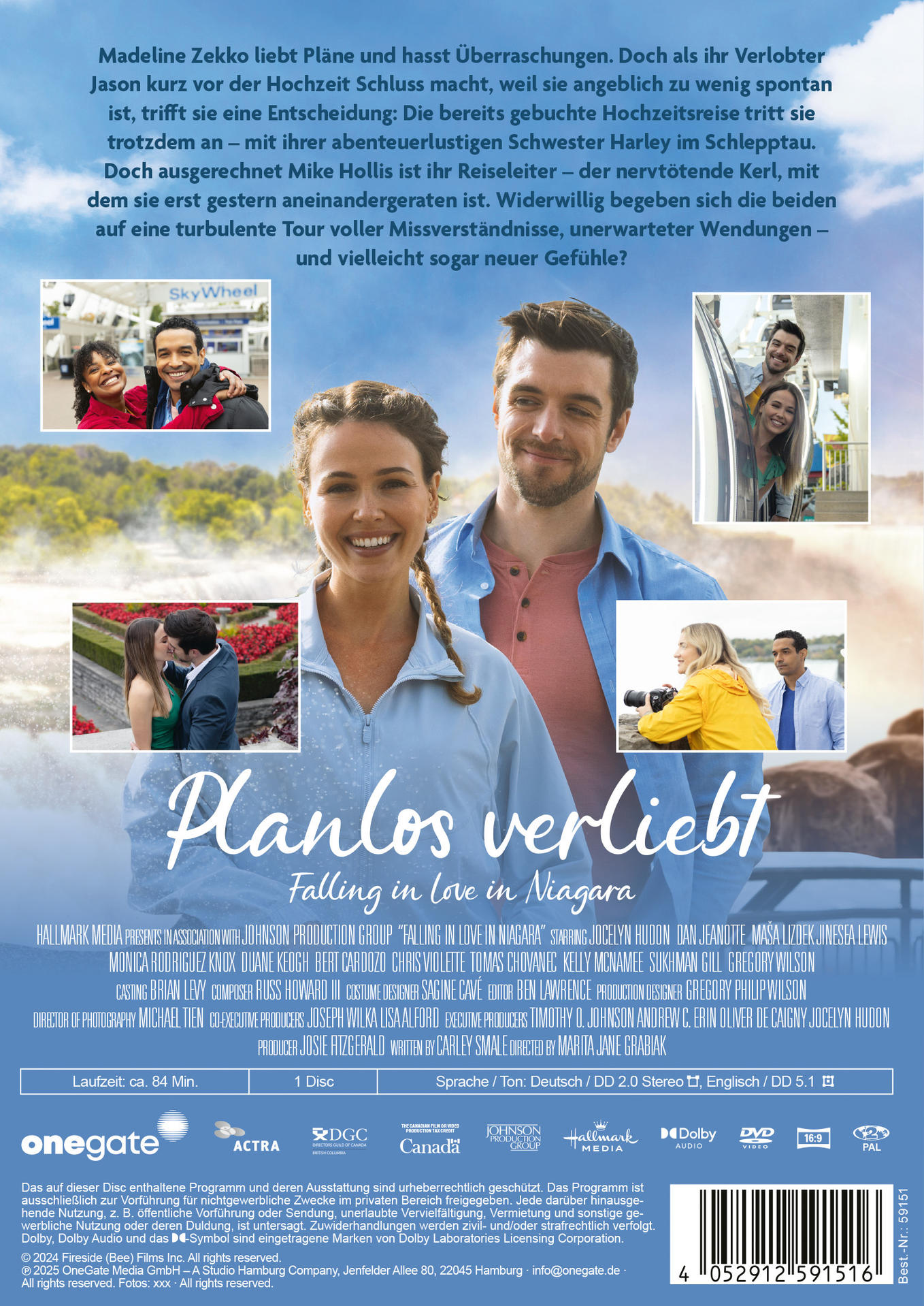 Filmposter mit lächelndem Paar. Text auf Deutsch, englischer Titel: Falling in Love in Niagara. Mehrere kleine Bilder.
