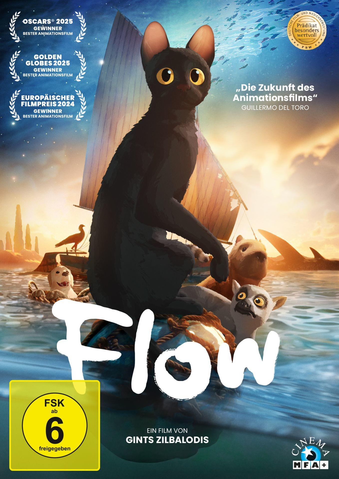 Poster des Films 'Flow'. Eine schwarze Katze segelt mit anderen Tieren. Auszeichnungen und Text sind sichtbar. Wasser und Himmel im Hintergrund.