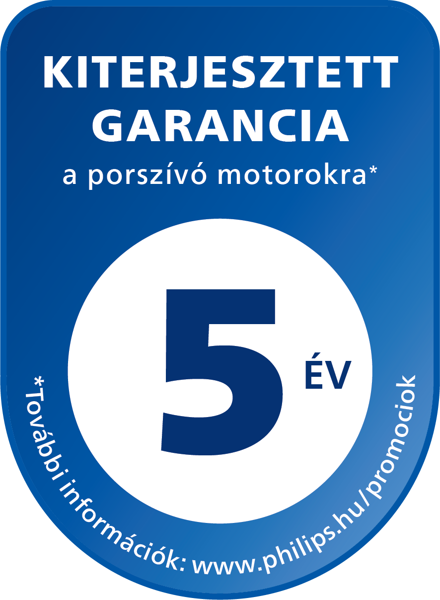 Kék jelvény fehér szöveggel: Kiterjesztett garancia. Egy kör egy nagy kék '5'-öst és a '5 év garancia' szöveget mutatja.