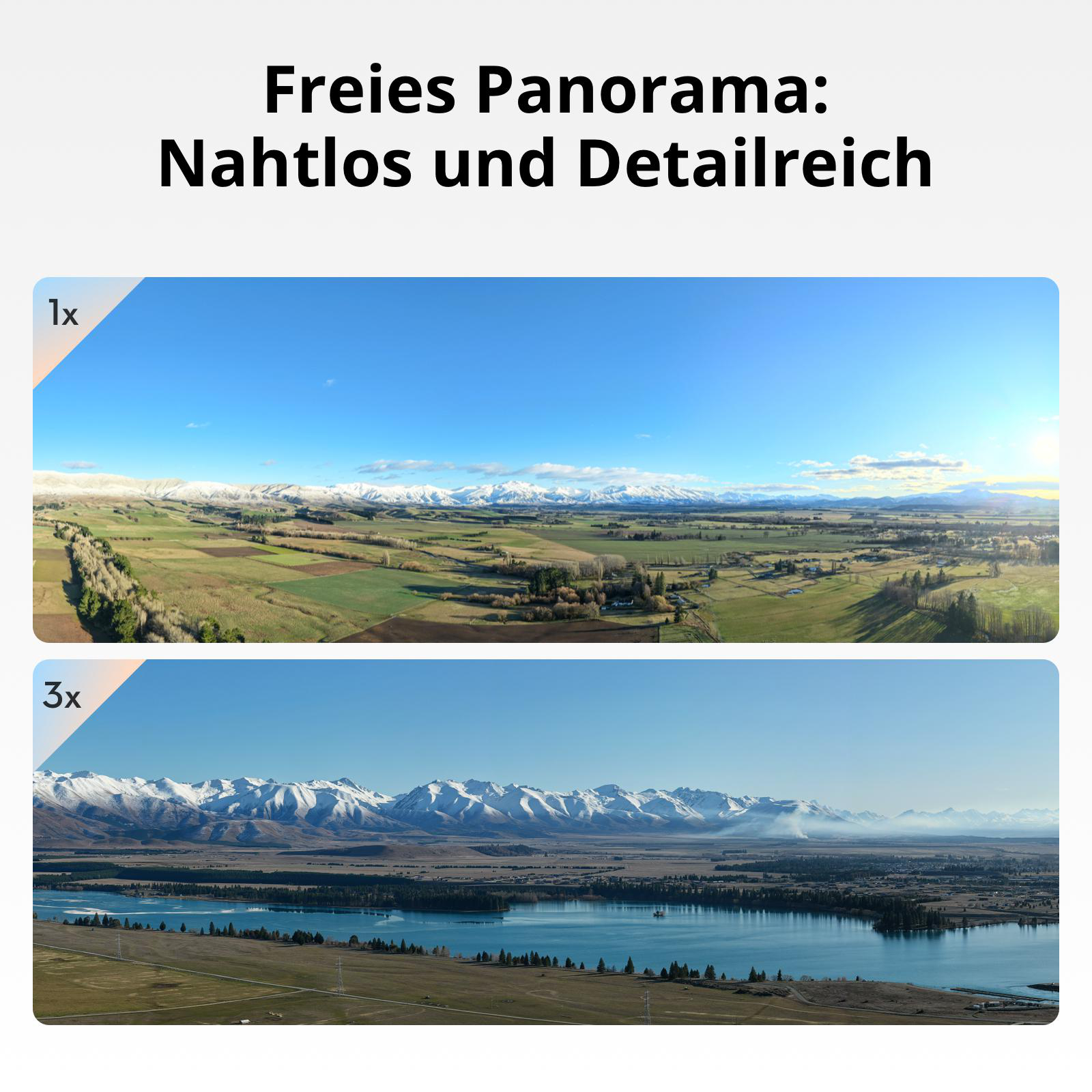 Panoramablick auf Berge, Felder und einen See. Schneeberge im Hintergrund. Klarer blauer Himmel. Zwei verschiedene Ansichten.