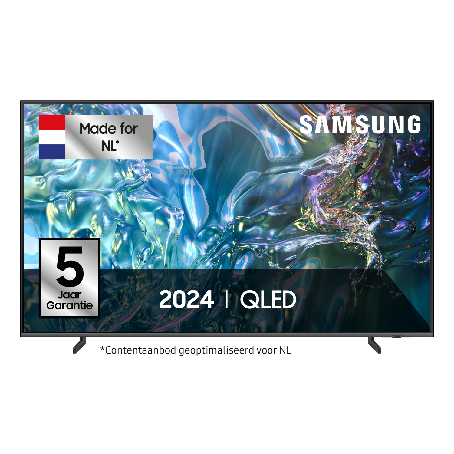 Een Samsung QLED-tv met een wervelende blauwe achtergrond. Kenmerken zijn 'Made for NL', 5 jaar garantie en tekst '2024 | QLED'.