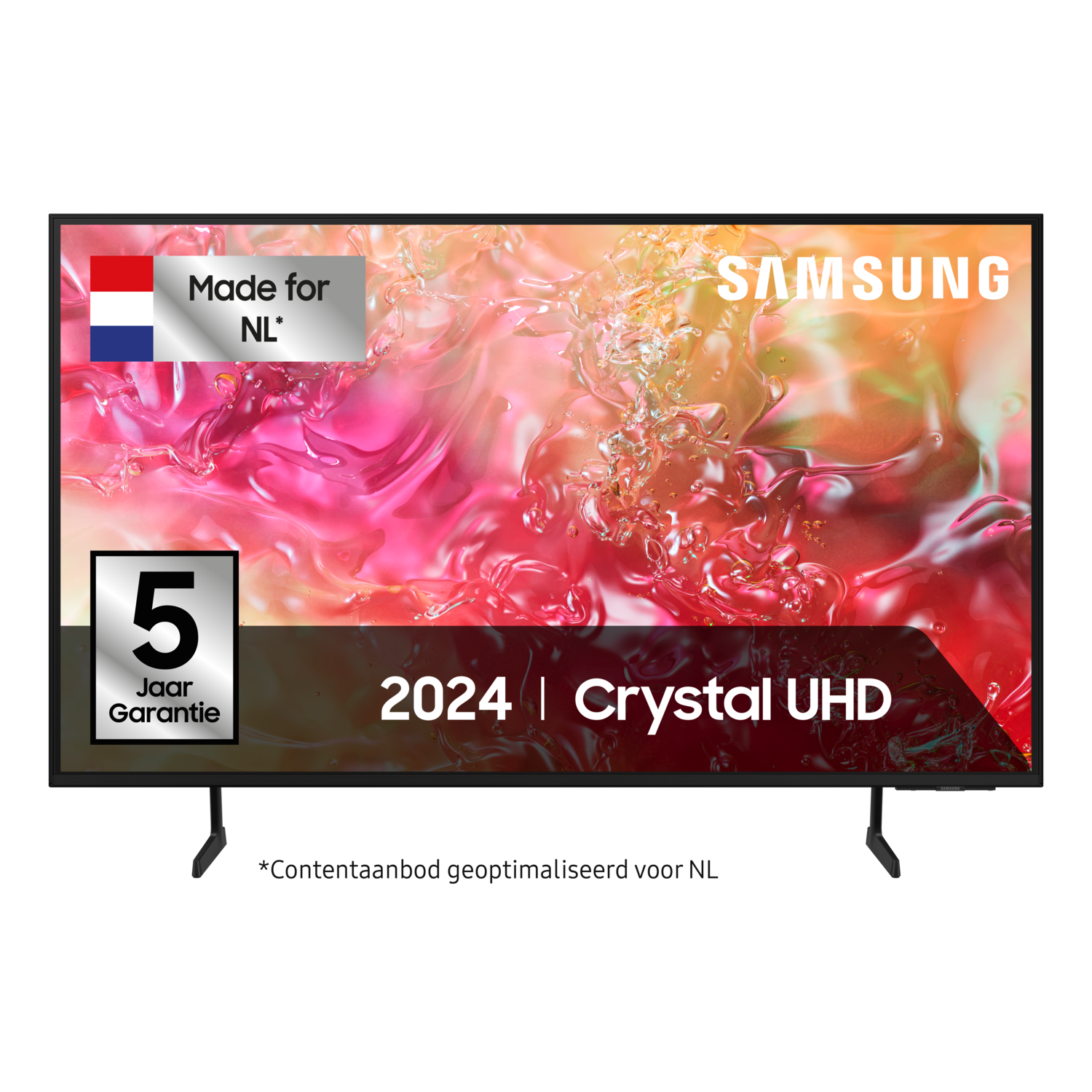 Een Samsung Crystal UHD-tv. Het toont een abstract, kleurrijk beeld. Functies zijn 5 jaar garantie en tekst voor NL.