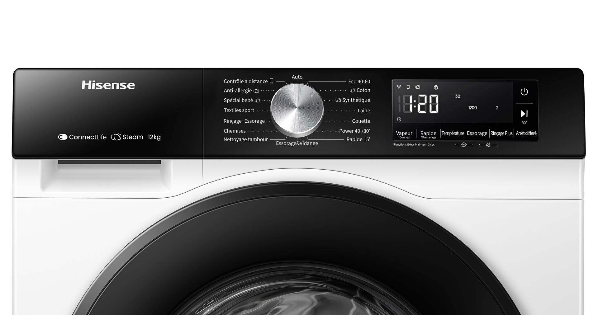 Bedienfeld einer Hisense Waschmaschine. Es hat eine digitale Anzeige und verschiedene Programmauswahlmöglichkeiten.