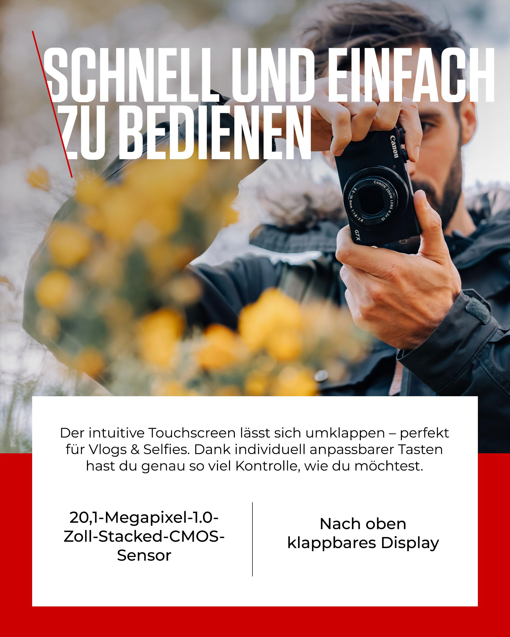 Mann hält Canon-Kamera, verschwommener Hintergrund mit Text: Schnell und einfach zu bedienen.